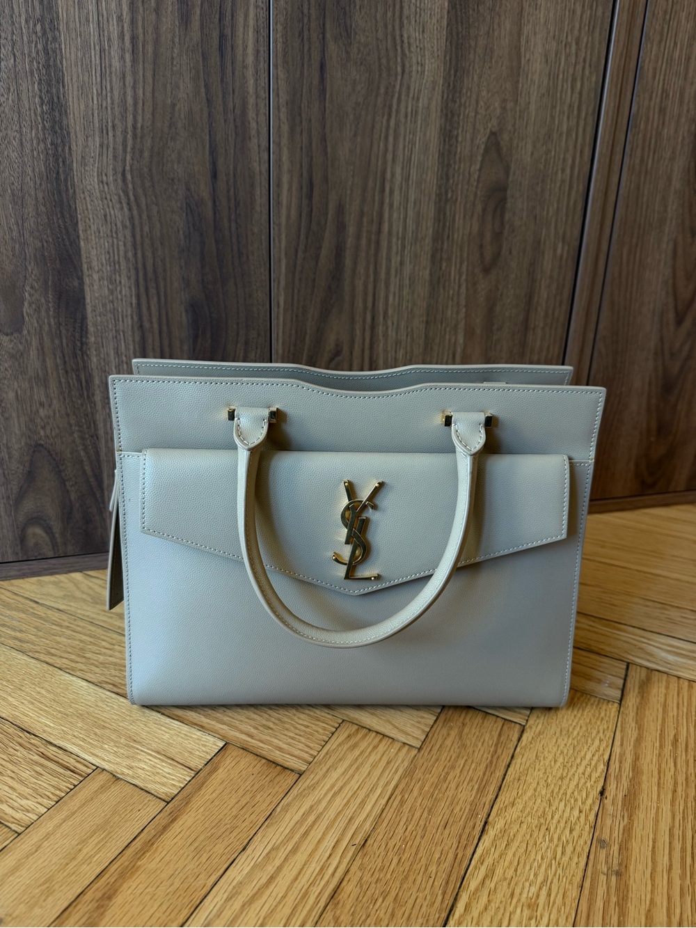 Yves Saint Laurent Light Beige Tote with Gold YSL Logo